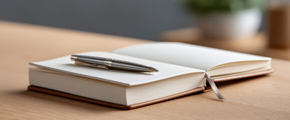 Naklejka premium Open blank notebook with silver pen resting on wooden table in soft natural light with blurred background