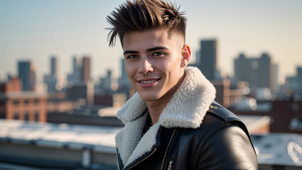 Smiling young man with spiky hair wearing a black leather jacket with shearling collar stands on a rooftop before city buildings generative AI