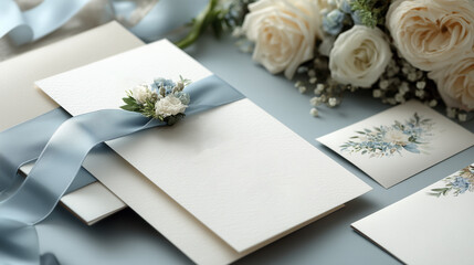 Set of top view Flat lay wedding invitation cards elegant set of name place card, craft envelopes, paper invitations, blue colored ribbons, minimalist floral decoration blue white flowers