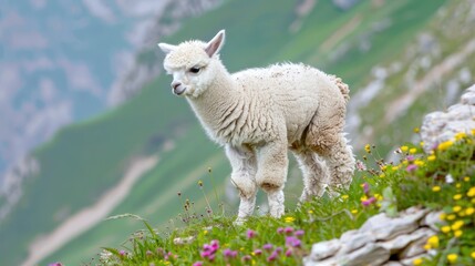 Obraz premium Young Alpaca in Mountain Meadow Surrounded by Colorful Wildflowers
