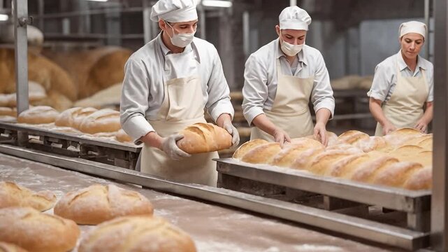 Two bakers work in a large bakery. They shape bread loaves on a wooden table covered in flour. It is morning and the bakery is busy with fresh bread