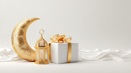 Elegant Ramadan still life with golden crescent moon, ornate lantern, and white gift box wrapped in gold ribbon on white background