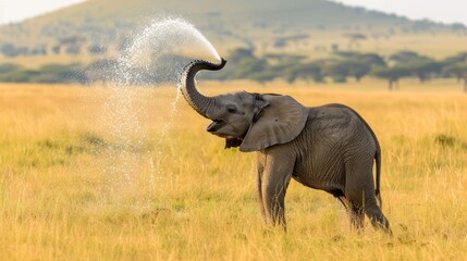 Obraz premium Young Elephant Playing with Water in Yellow Grassland During Daytime