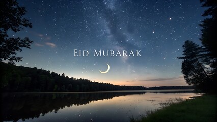 Naklejka premium Starry Sky with Crescent Reflection Eid Mubarak