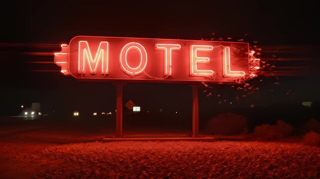 Neon Motel Sign Disintegrates in the Desert at Night, Close Up