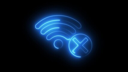 no signal WIFI internet icon animation glowing neon cross broadband no wireless cancel network signal computer and mobile phone wrong network sign symbol on black background.