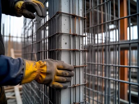 Construction worker securing rebar cage around a concrete column formwork using tie wire and protective gloves at a building site.