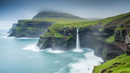 Faroe Islands aesthetic featuring a stunning waterfall cascading from cliffs into the ocean under cloudy skies