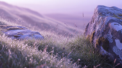 Scotland Highlands aesthetic featuring dewy grass and rugged stones in soft purple hues at dawn