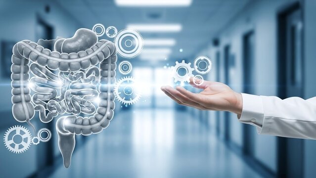 Doctor's hand generates glowing gears and a holographic human large intestine in a hospital hallway.