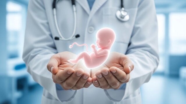 Doctor's hands cradle a glowing human embryo or fetus, symbolizing new life.