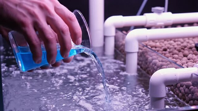 Ultra Close Up Loopable Video of Plant Roots Being Trimmed Underwater for Aquaponics with a Glass of Blue Nutrient