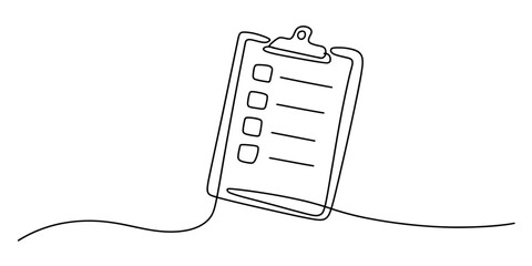 A minimalist single continuous line drawing illustrating a checklist on a clipboard Vector, illustration © Nippon_Art Gallery