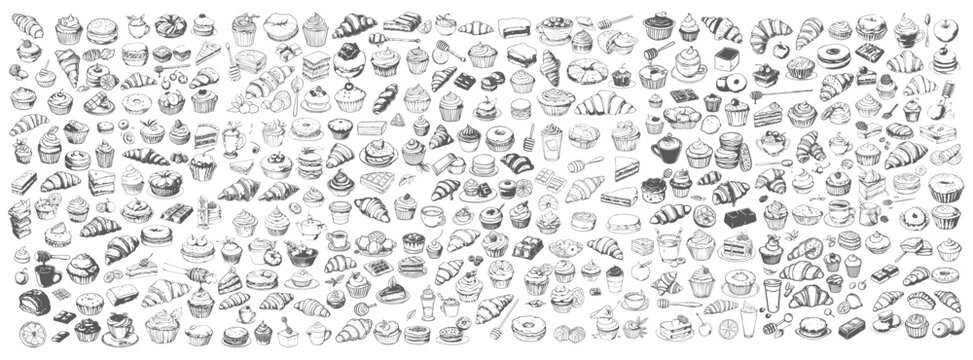 Vintage Pastry Shop Graphics, Hand Drawn Sweets and Bread Icons
