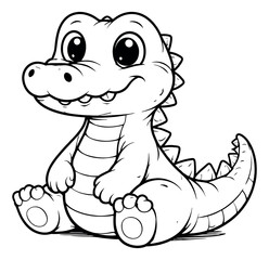 Fototapeta premium Hand drawn line art illustration of a cute baby alligator depicting it sitting happily for kids entertainment