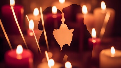 Romantic silhouette of a couple surrounded by flickering candles