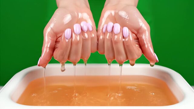 Woman's Hands Dipping in Paraffin Wax on Green Screen for Beauty Treatment Smooth Skin Therapy and Manicure Preparation