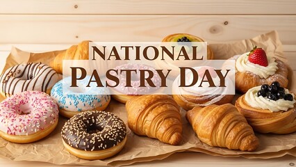 Assorted sweet pastries on a wooden surface for national pastry day celebration