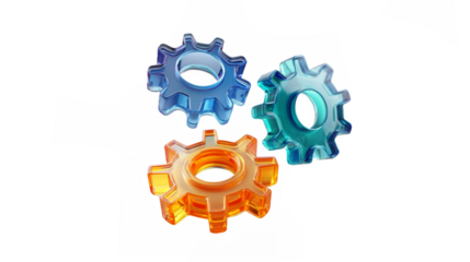 Three vibrant translucent gears symbolizing system, process, and collaboration on a dark background