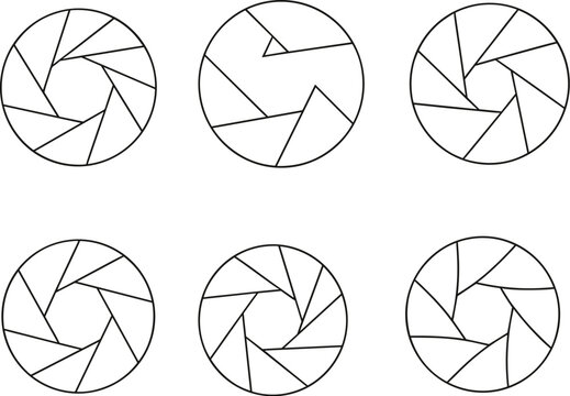 Camera aperture shutter icon vector set in outline style with photography lens diaphragm symbols and circular shapes