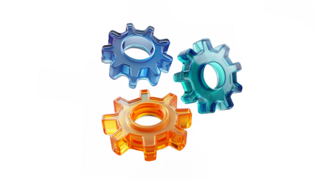 Three vibrant translucent gears symbolizing system, process, and collaboration on a dark background - Powered by Adobe