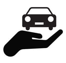 A hand holding a simple car icon illustration from a straightforward viewpoint