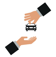 Two hands exchanging a car icon representing a business transaction or agreement between parties