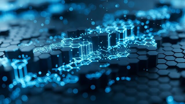 Futuristic digital world map on hexagon grid with blue glowing connections and nodes on a dark background