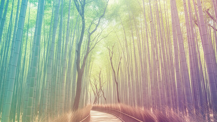 Arashiyama bamboo forest pathway with sunlight rays and vibrant green foliage, tranquil and serene ambiance, copy space