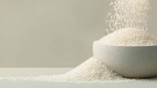 Rice overflowing from a bowl onto a table, showcasing the staple grain's texture and abundance. The close-up view highlights individual grains.