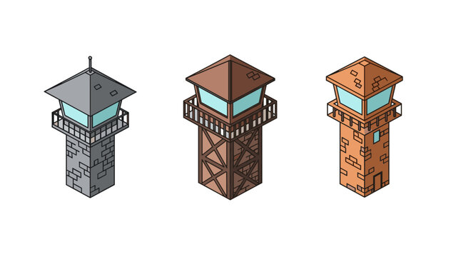 Three isometric guard towers with different designs and materials on a white background