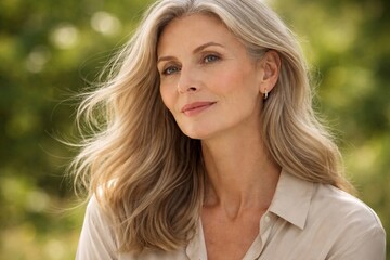 Fototapeta premium Confident Mature Woman Portrait Outdoors in Nature Portrait of confident mature woman with gray hair outdoors, showcasing natural beauty, healthy aging, lifestyle, and serene connection with nature.
