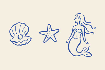 Naklejka premium Mermaid seashell starfish icons hand drawn sketch vector illustration