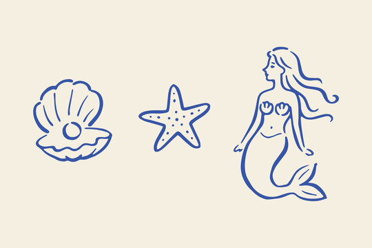 Mermaid seashell starfish icons hand drawn sketch vector illustration