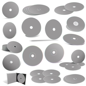 Grey abstract CD disks and boxes on white background.
