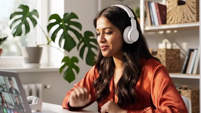 Smiling woman uses laptop and headphones for engaging online video conference from her comfortable home office setup