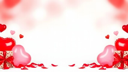 Valentine's day heart balloons and gift boxes with petals