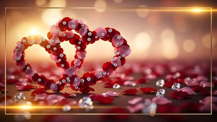 Two intertwining hearts adorned with gems on a bed of rose petals