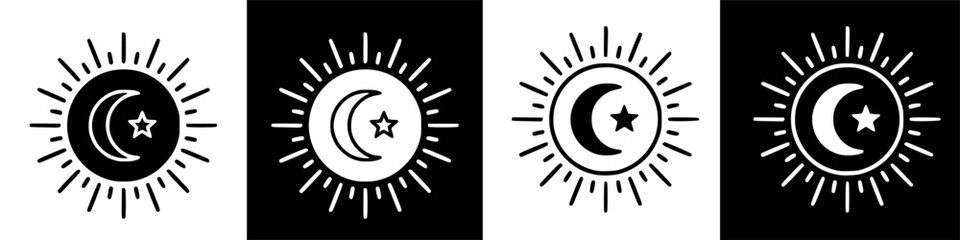 Minimalist Celestial Symbol Icons: Sun with Crescent Moon and Star Graphic Elements