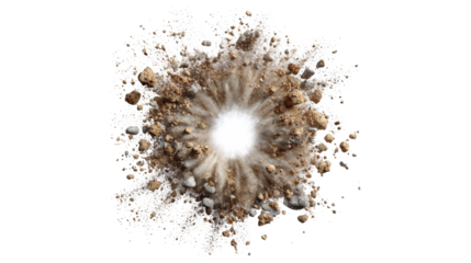 A dynamic explosion of dirt and rock particles against a dark background, radiating light