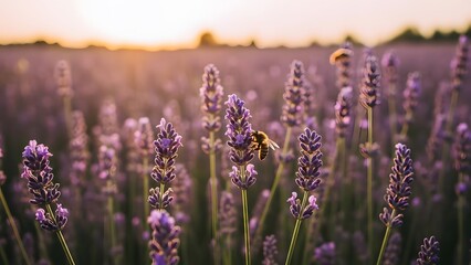 A bee is gathering nectar in a beautiful purple lavender field at sunset, creating a serene and picturesque natural scene with warm light