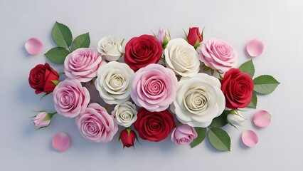 A beautiful arrangement of pink, red, and white roses with petals and leaves