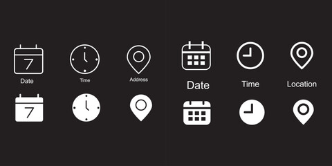 Calendar, Location pin, time icon set. Interface icons. address location pointer and alarm bell. Notice alert sign. business schedule and office time clock. Event icons 