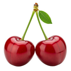 Two ripe red cherries with green stem and leaf isolated on transparent background