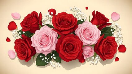 A beautiful arrangement of red and pink roses with scattered petals
