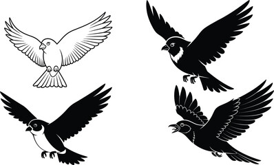 Obraz premium A collection of black vector silhouettes of flying birds with spread wings representing freedom and nature