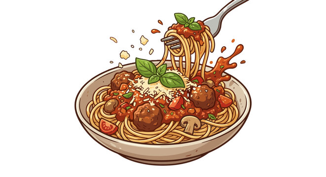 Appetizing spaghetti with meatballs, fresh sauce, and herbs, artistically presented with a fork lifting a perfect bite