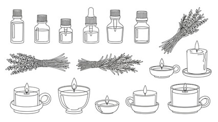 This hand drawn outline illustration set presents kitchen and food related items including bottles, jars, herbs, spices, cups, and cooking elements. The image represents home cooking, kitchen lifestyl
