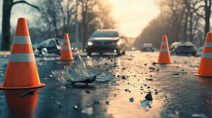 A dramatic scene of a traffic accident with cones and debris on a wet road, highlighting road safety concerns.