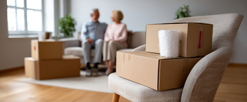 Cardboard moving boxes stacked on a chair with bubble wrap in a bright living room and elderly couple sitting on a sofa in the background